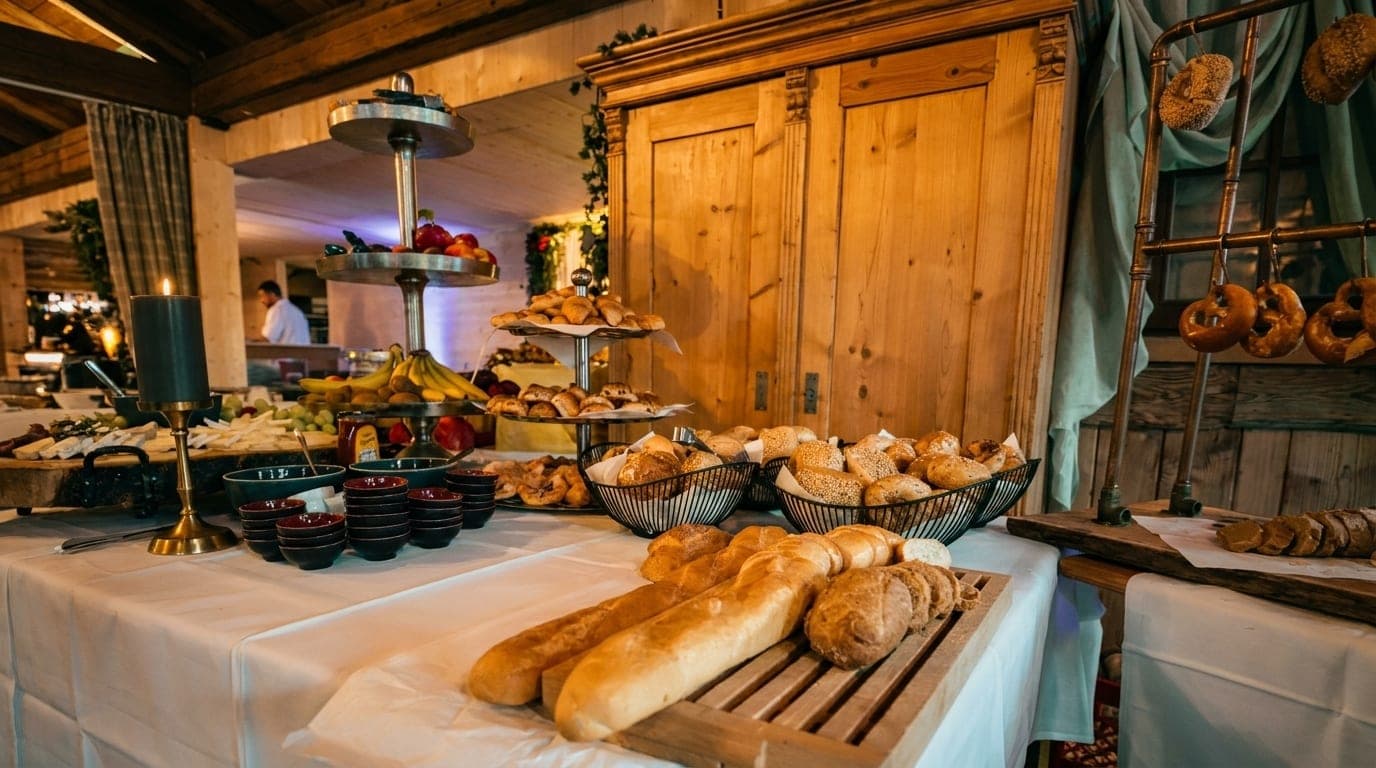 Rustikales Brot- und Brezenbuffet mit Etagere und Körben